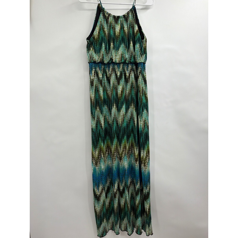 Valerie Bertinelli Green Blue Ikat Chevron Halter Maxi Dress Smocked Waist Sz 8